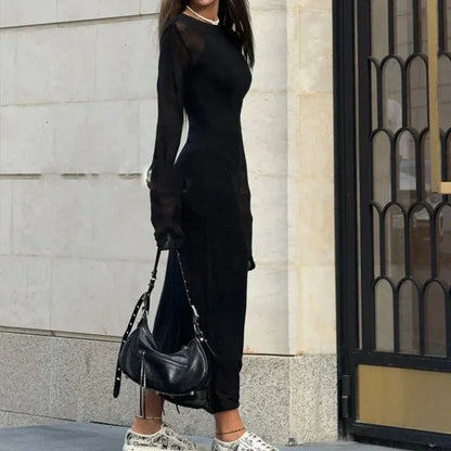 Spring Autumn O-Neck Elastic Knit Long Dresses Women 2024 Elegant Chic Soft Lady Hollowing Sweater Dresses Femme New