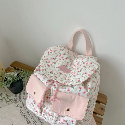 Women Girls Sweet Floral Double Pockets Shoulder Bag Japanese Aesthetic Small Backpack Casual Student Shool Book Bag F3MD