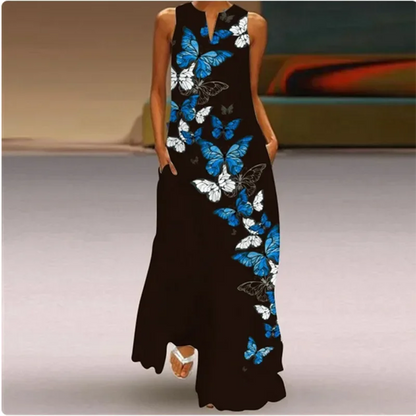 Sleeveless Feather Printed Dress Bohemian Vest Dresses Trendy Beach Casual Loose Robe Colorful Summer