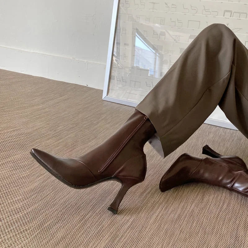 Women High Heel Short Leather Boots  New Boots Female Pointed Thin Heel Boots Ladies Ankle Short Boots Botas De Mujer 2024