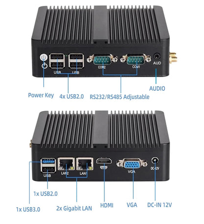 XCY Fanless Mini PC Intel Core I5-5200U I3-5005U Dual GbE LAN 2x RS-232 Serial Ports 4x USB Embedded IPC WiFi Windows Linux