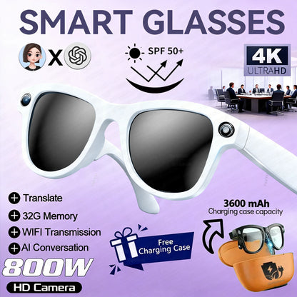 Lunettes connectées 2026 pour femmes, batterie externe 3600 mAh, caméra 800 W, traduction de plus de 120 langues, enregistrement vidéo, lecteur de musique, lunettes pour hommes