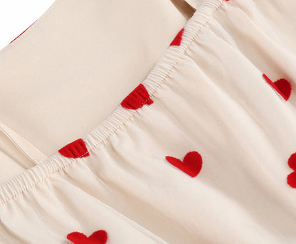 Knot Strap Strawberry Patchwork Vintage Dress 2025 Heart Flocking Valentine's Day Dress Women Birthday Party Pleated Mesh Dress