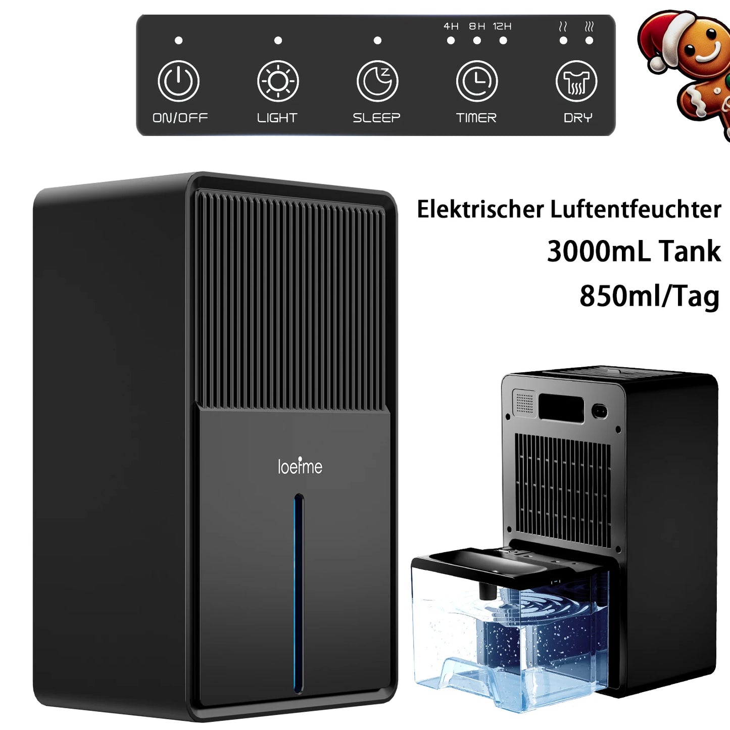 Loefme Dehumidifier 3000ml, Efficient Mode, Drying Mode, Sleep Mode, Intelligent Auto Defrost Function, Auto Shut off, 24h Timer