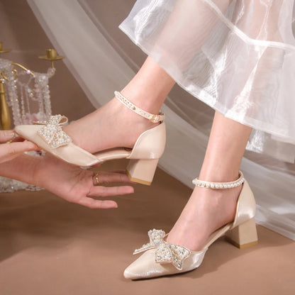 Maogu 2023 Pearl Bowtie Ankle Strap High Heels Shoes Woman Beige Red Bling Crystal Wedding Shoes Elegant Med Heels Women's Pumps