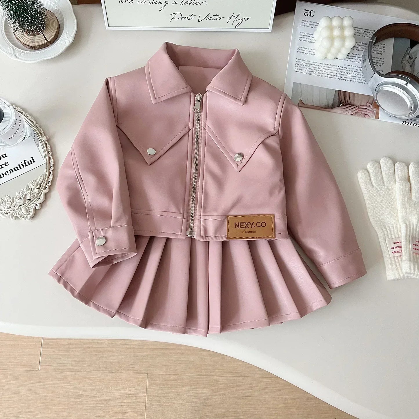 2024 Girls Baby Spring Autumn Winter PU Clothing Set Fashion Kids Leather Zipper Jackets+skirts Children 2pcs Birthday Clothes