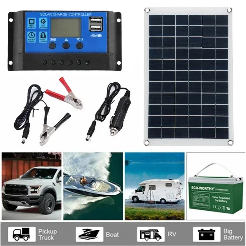 18V Solar Panel 100W + Dual USB Waterproof Outdoor Hiking Camping Portable Battery Mobile Phone Charging Bank Chargings Panels