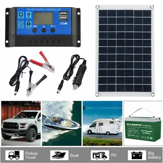 18V Solar Panel 100W + Dual USB Waterproof Outdoor Hiking Camping Portable Battery Mobile Phone Charging Bank Chargings Panels