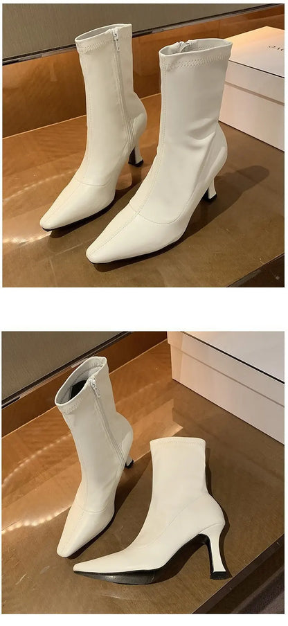 Women High Heel Short Leather Boots  New Boots Female Pointed Thin Heel Boots Ladies Ankle Short Boots Botas De Mujer 2024