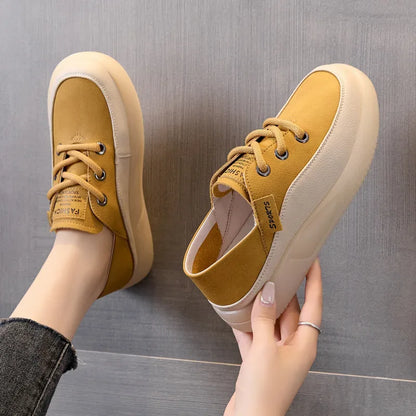 Koznoy 3.5cm Cow Genuine Leather Women Flats Fall Vulcanize Chunky Sneaker Loafer High Brand Platform Slippers Autumn Shoes