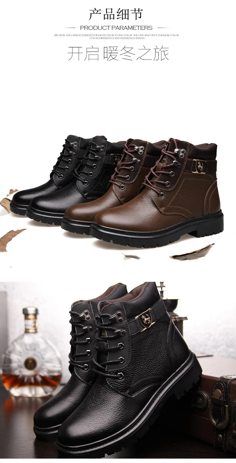 2025 Man's Genuine Leather Boots Winter Snow Shoes Wool Inner Anti Slip Father Ankle Boots Waterproof Man Snow Boots