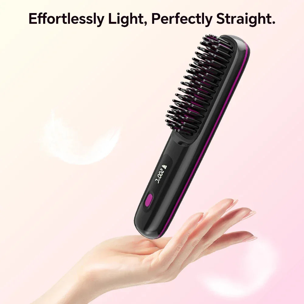 Rechargeable Hair Straightener Brush with 20s Fast Heating and 3 Temp Settings, Straightening Comb with Negative Ions for Women