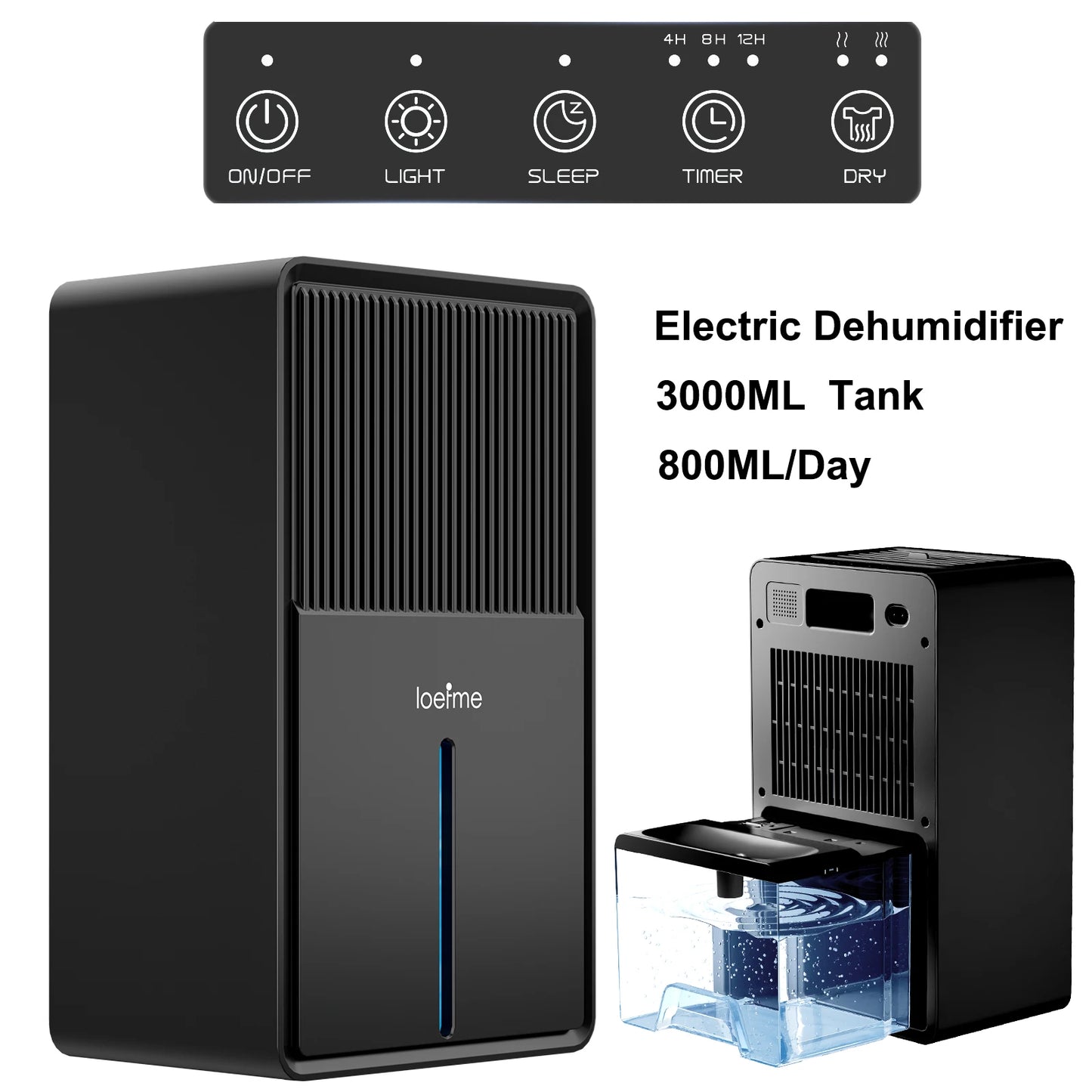 Loefme Dehumidifier 3000ml, Efficient Mode, Drying Mode, Sleep Mode, Intelligent Auto Defrost Function, Auto Shut off, 24h Timer