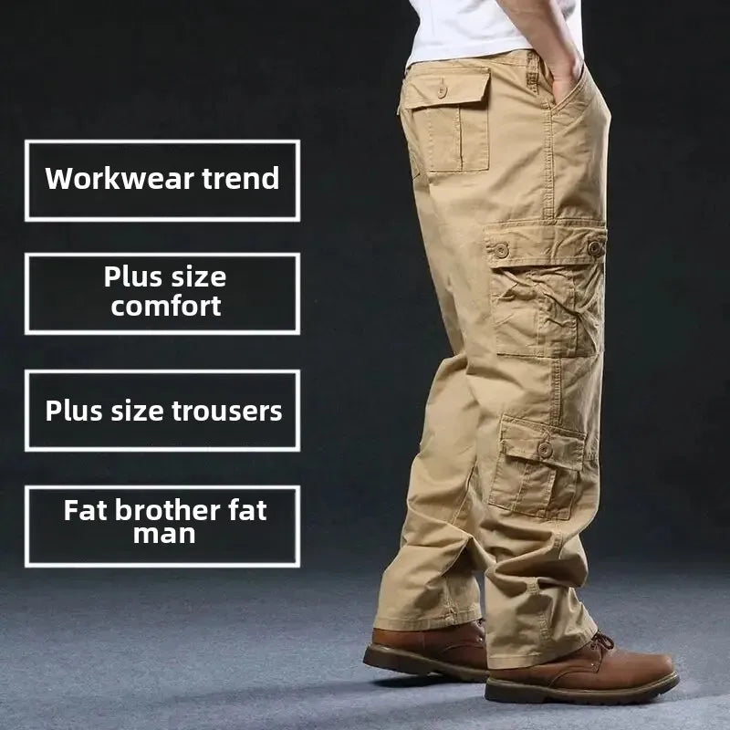 Cross-Border Men's Cargo Pants Spring Autumn Loose-Fit Pure Cotton Multi-Pocket Plus Size Straight-Leg Casual Pants