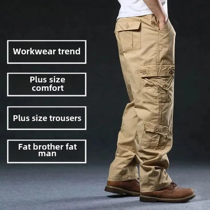 Cross-Border Men's Cargo Pants Spring Autumn Loose-Fit Pure Cotton Multi-Pocket Plus Size Straight-Leg Casual Pants