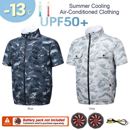 New Summer Men's Short Sleeve USB Fan Cooling Jacket for Outdoor Work Fishing, Cooling Vest for Heat Relief