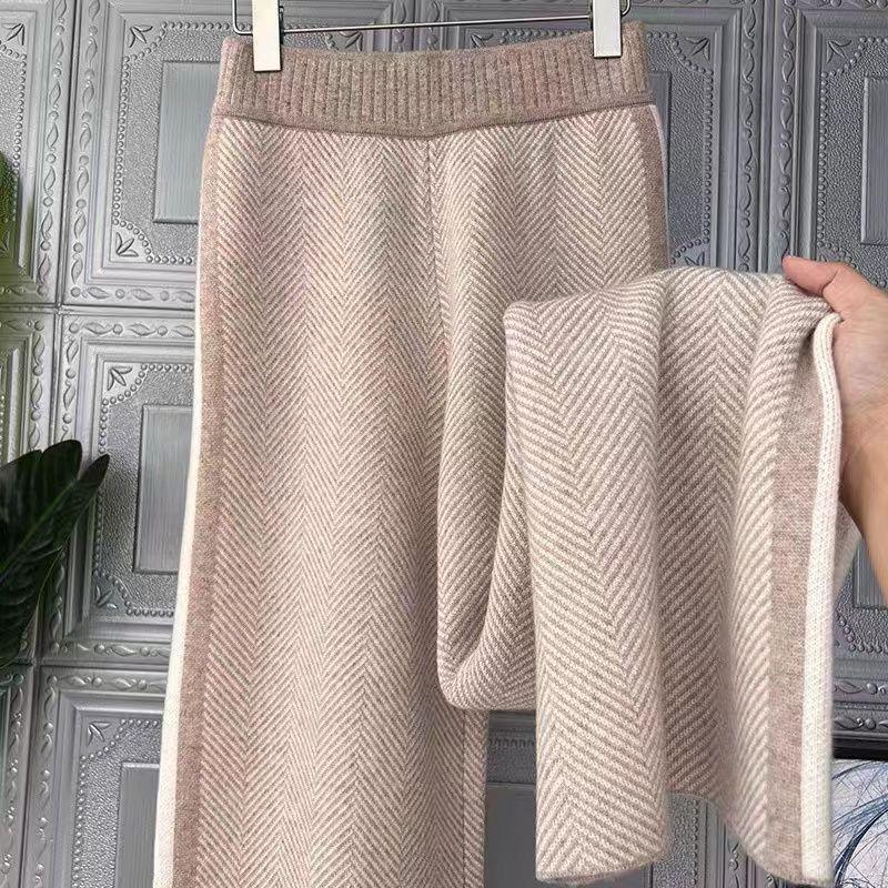 Women Drawstring Wide Leg Warm Thick Knit Pants Fall Winter Loose Casual Straight  Korean Harajuku High Waist Trousers R94