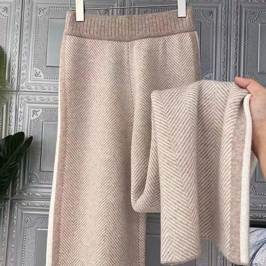 Women Drawstring Wide Leg Warm Thick Knit Pants Fall Winter Loose Casual Straight  Korean Harajuku High Waist Trousers R94