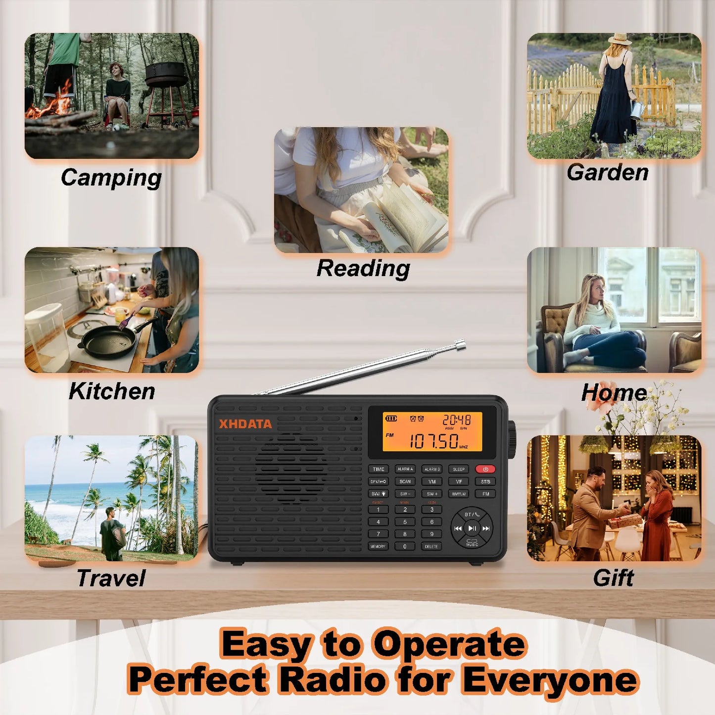 XHDATA D-109 Stereo Digital Portable Radio AM SW MW FM Radio Bluetooth Compatible Multifunctional Radio Support TF Card Player