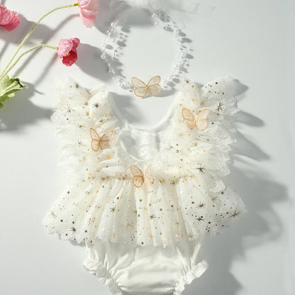 2Pcs Newborn Photography Outfit Baby Girl Butterfly Glitter Star Lace Romper With Pearl Headband Infant Photo Props