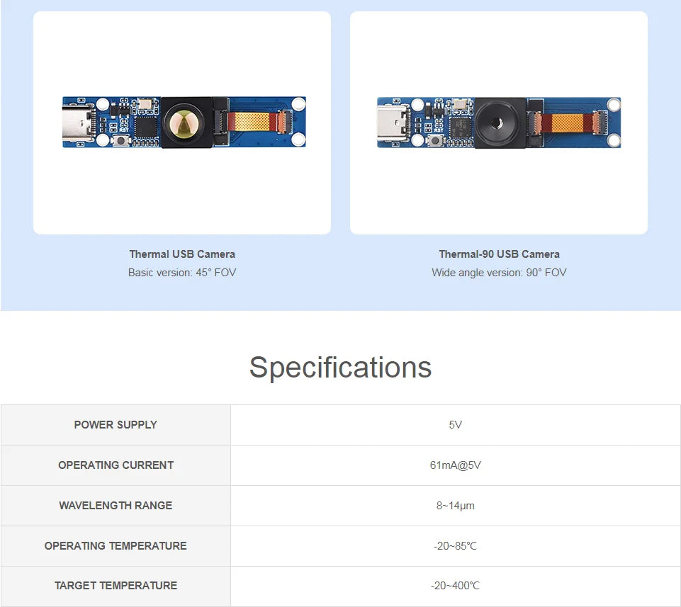 Long-wave IR Thermal Imaging Camera Module, Raspberry Pi IR Camera, 80×62 Pixels, Options for FOV and Connector