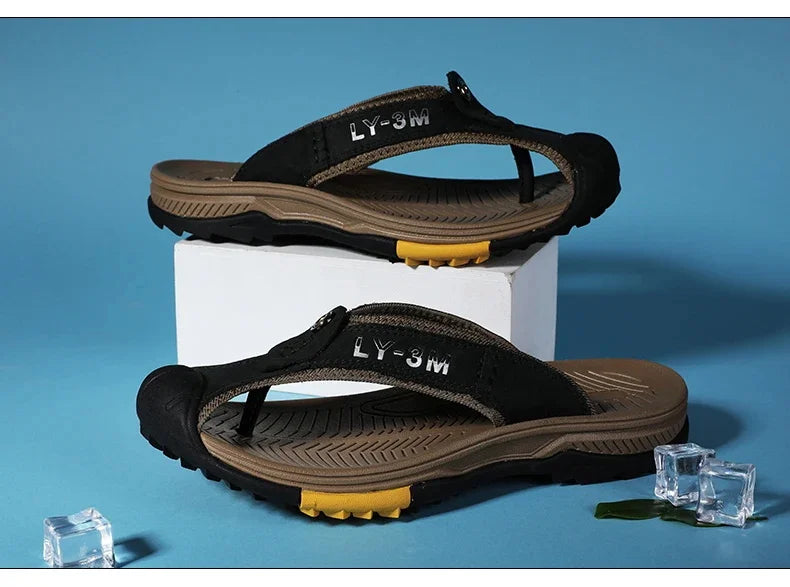 Genuine Cow Leather Shoes Men Sandals Mens Flip Flops Men's Casual Shoes Classic Massage Beach Slippers Anti-slip Summer 2025
