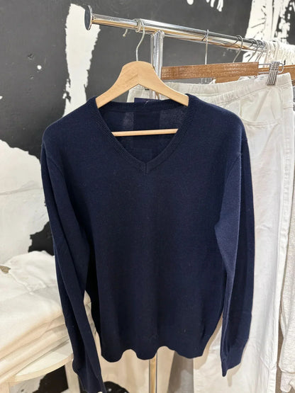 Navy Vintage Sweater Woman Autumn V-neck Long Sleeve Cotton Pullover Solid Simple Streetwear Preppy Style  Sweaters Y2k Jumpers