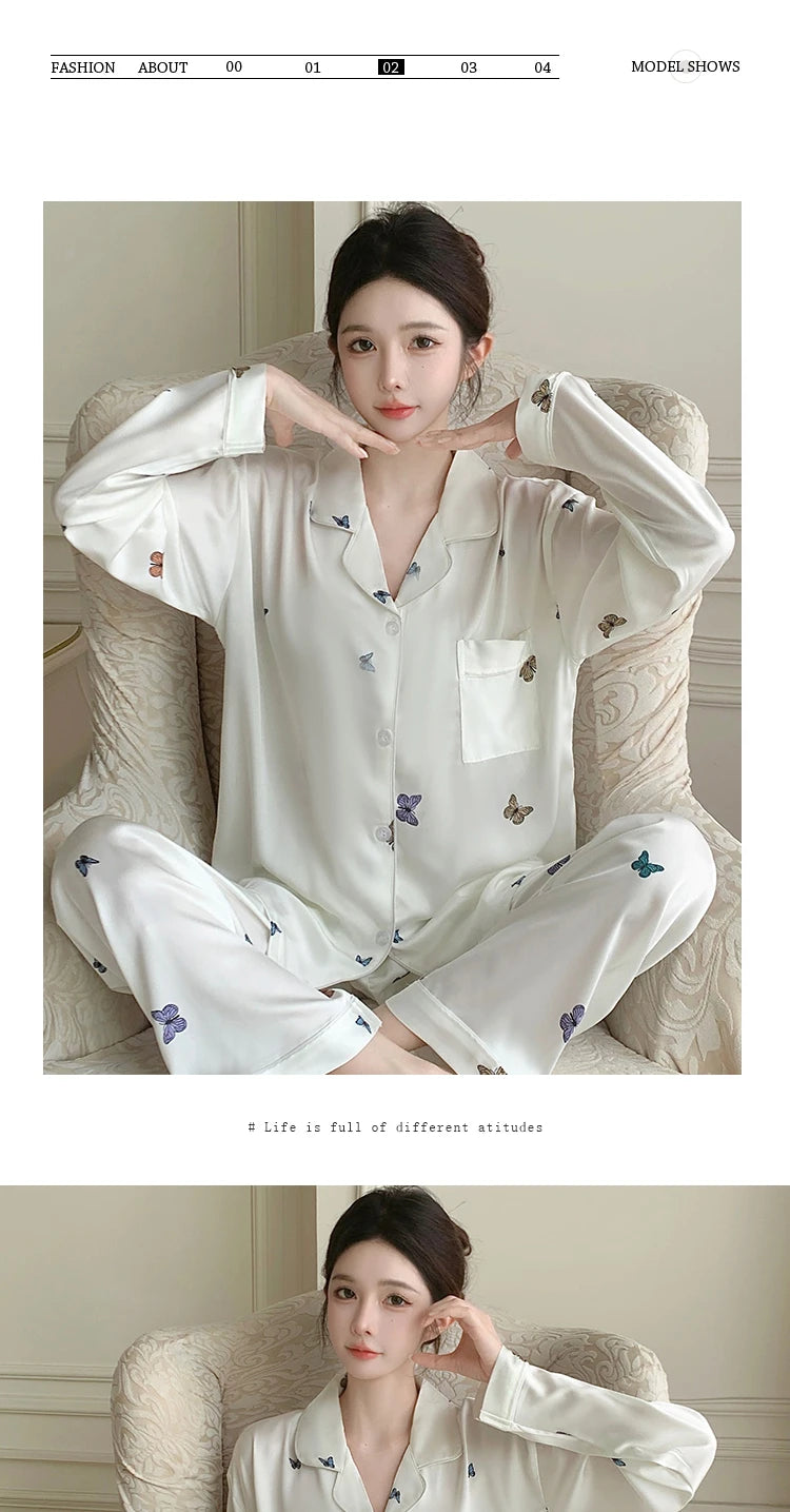 French Elegant Romantic Butterfly Print Women Pajamas Simple Ins Literary Aesthetics Sleepwear 2024 Fall Winter New Y2k Lounges