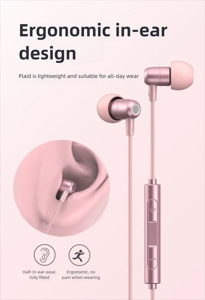 Portable In Ear Music Wired Pink Earphones For Girl Women Gaming Play With Mic Sleep Anti-lost Wired Type C 3.5mm Headphone