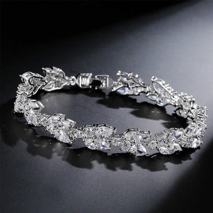 ZAKOL Luxury AAA Cubic Zirconia Wedding Bracelets for Women High Quality White Gold Color Leaf Charm Bracelet Bangles