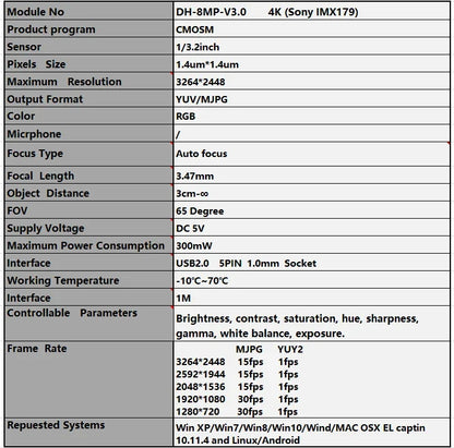 4K Camera Module 8MP CMOS Imx179 Sensor Mini USB UVC Webcam High Resolution Distortionless For Video Conference Machine Vision