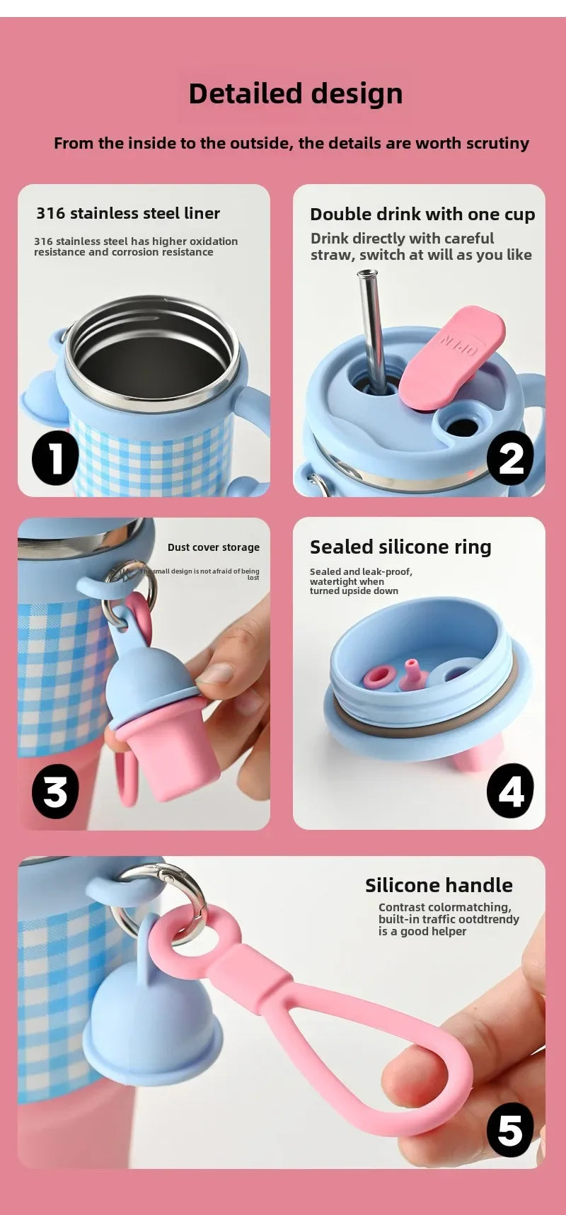 2025 New Girls Office 316 Stainless Steel Thermos Cup Household Handle Student Straw Cup Double Drink Bingba Cup  Coffee Mug