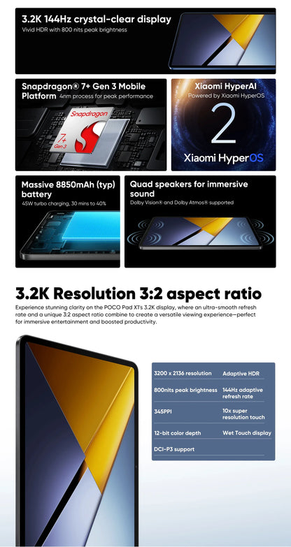 Global Version POCO Pad X1 Tablets Snapdragon 7+ Gen 3 11.2'' 144Hz Display 13MP 8850mAh 45W Turbo Charging 8GB 512GB Wi-Fi