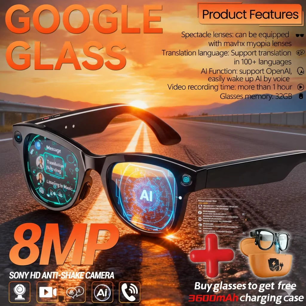 2026 New 8MP Camera Smart AI Glasses 3600mAh Charging Case Power Bank 1080P HD Camera ChatGPT 32GB Translation Video Sunglasses