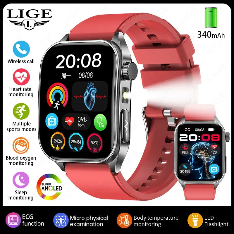 LIGE New Accurate ECG+PPG Smart Watch Laser Therapy Blood Lipid Uric Acid BP Heart Health Analysis BT Call Smartwatch Men Women