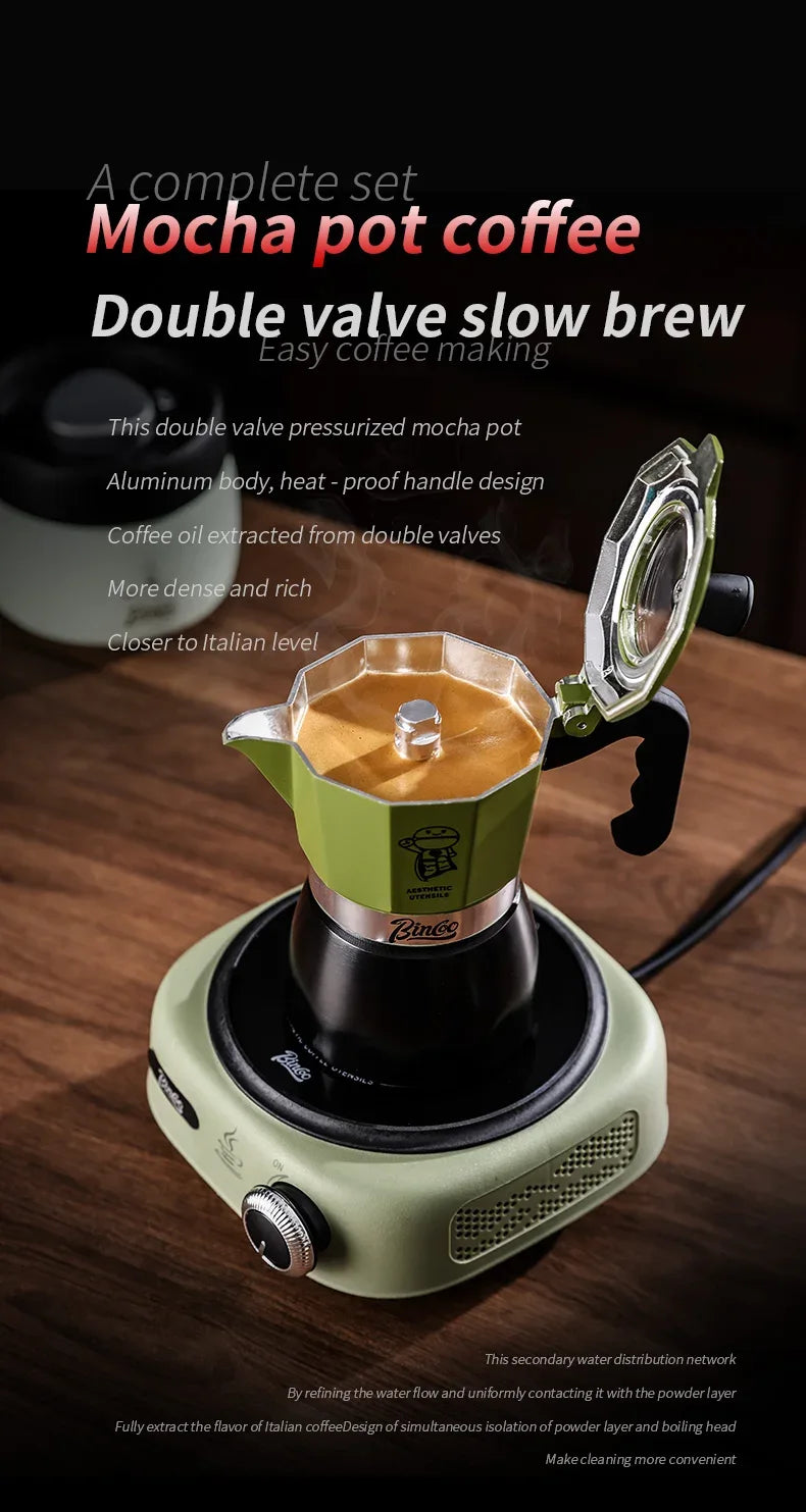 Bincoo Double valve Moka Pot Set Electric Stove Coffee Pot Household Italian Espresso Machine Mocha Pot Barista Accessories 220V