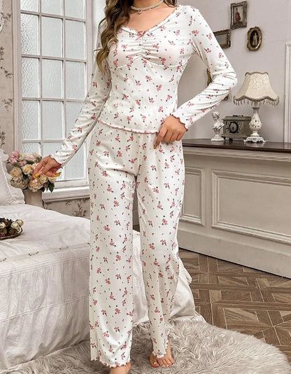 Women Pajamas Set Autumn Winter Sleepwear Round Neck Floral Printed Long Sleeve Tops and Trousers Home Wear Loungewear
