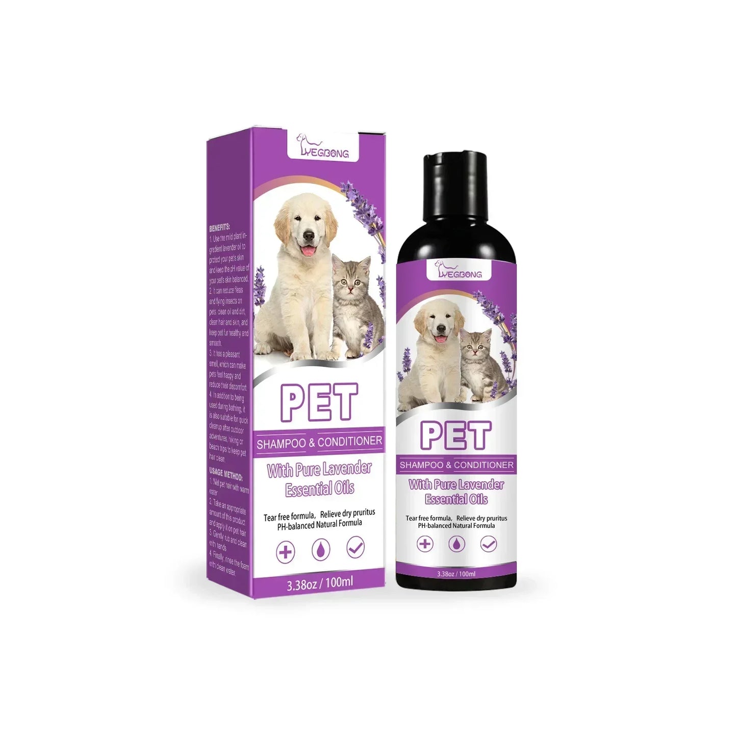 Pet Shampoo and Conditioner with Pure Lavender Essential Oils Tear Free Formula for Dogs andCats pH Balanced Gentle Groom 100ml