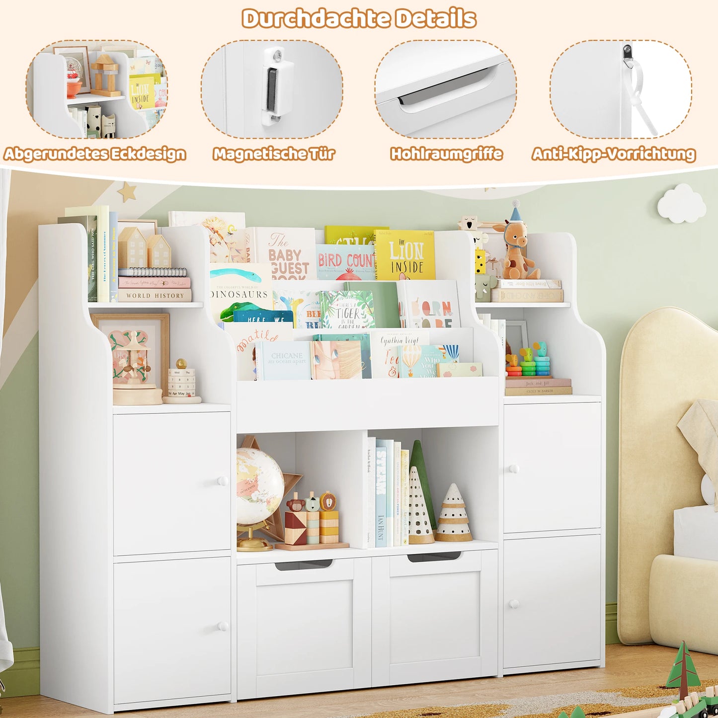 Getone Toy Storage , Childrens Bookcase,Unit 3-tier Kids Bookshelf, Kids Storage with 2 Drawers with Wheels, 4 Doors, 6 Open Shelves,multi-functional toy storage unit122x30x100cm