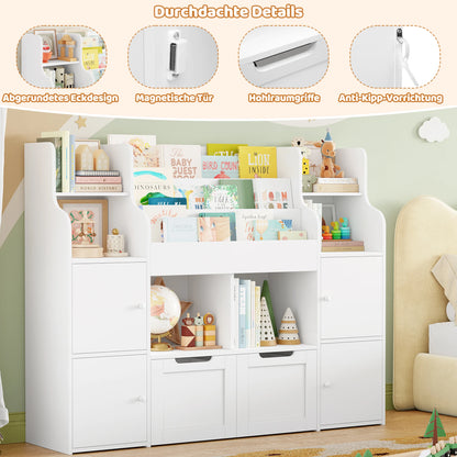 Getone Toy Storage , Childrens Bookcase,Unit 3-tier Kids Bookshelf, Kids Storage with 2 Drawers with Wheels, 4 Doors, 6 Open Shelves,multi-functional toy storage unit122x30x100cm