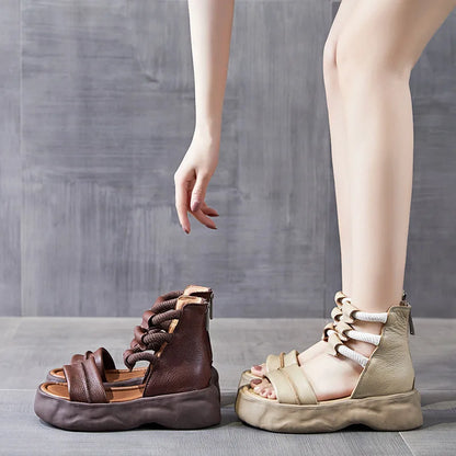 Koznoy 8cm Natural Genuine Leather Sandals Boots Flats Platform Wedge Summer Women Hollow Pumps Peep Toe Booties Mary Jane Shoes