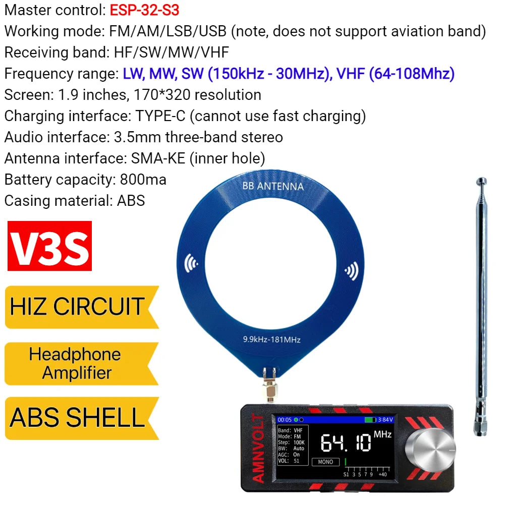 Upgraded V3S AMNVOLT Mini SI4732 DSP Radio Receiver FM AM SSB LSB USB Full Band Pocket Radio with Hi-Z Headphone Amplifier