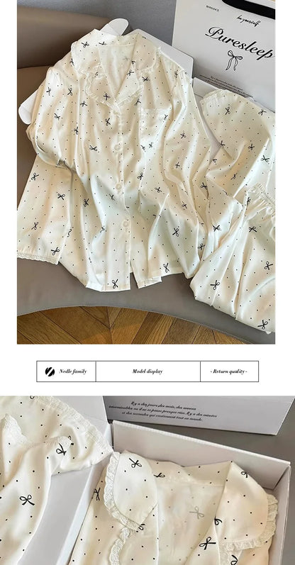 French-Inspired Chic, High-Fashion Aesthetic Instagram-Worthy Bow-Adorned Ice-Silk Lace-Trimmed Long-Sleeved Trouser Pyjamas