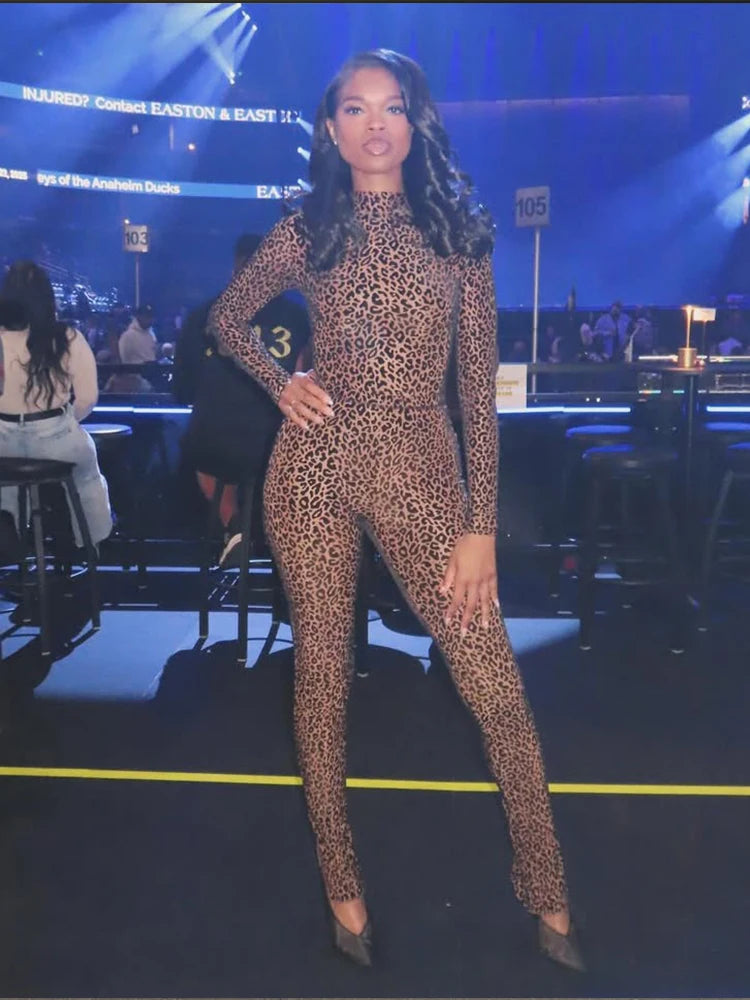 Nibber See Through Sexy Leopard Mesh Jumpsuit Women Sexy Hipster Zip Stretch Midnight Workout Autumn Fitness Street Overalls