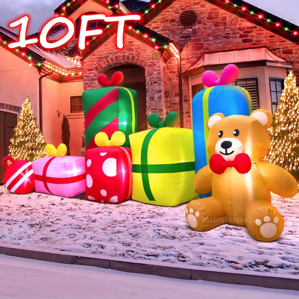 3M Christmas Inflatables Bear And Six Gift Boxes Built-in LED Lights Inflated Model Toy Outdoors Xmas Festival Party Yard Props