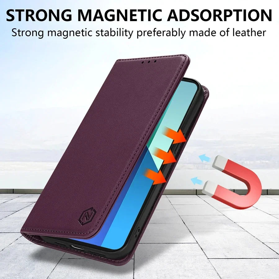Wallet Skin friendly Magnetic Card Slot Flip Leather Case For Xiaomi 14T Poco X7 C75 M7/X6 Pro Redmi 14C 13 A4 Note 14 Pro+ 14S
