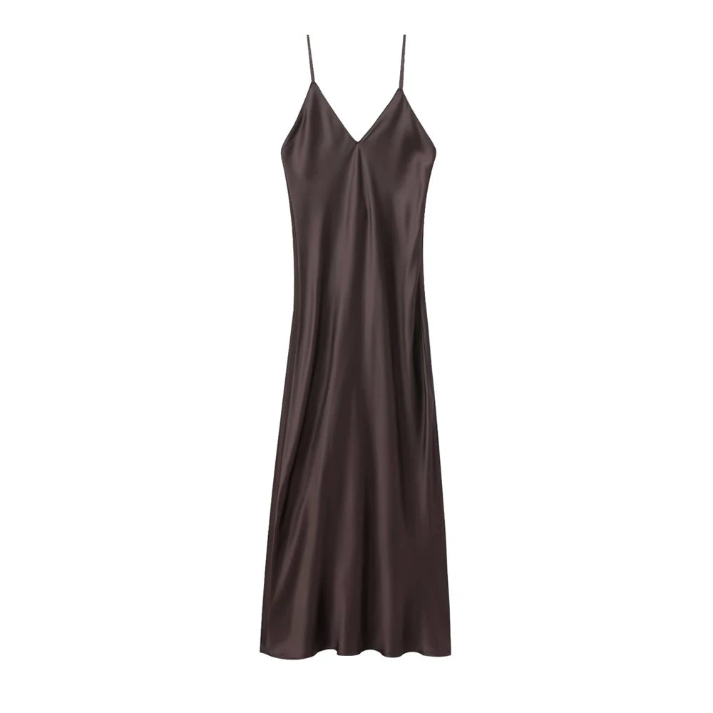 Women's Satin Midi Dress, V Neck, Thin Straps, Backless, Female Dresses, Sexy Fashion