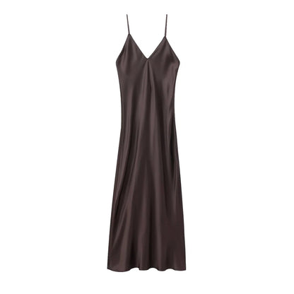 Women's Satin Midi Dress, V Neck, Thin Straps, Backless, Female Dresses, Sexy Fashion