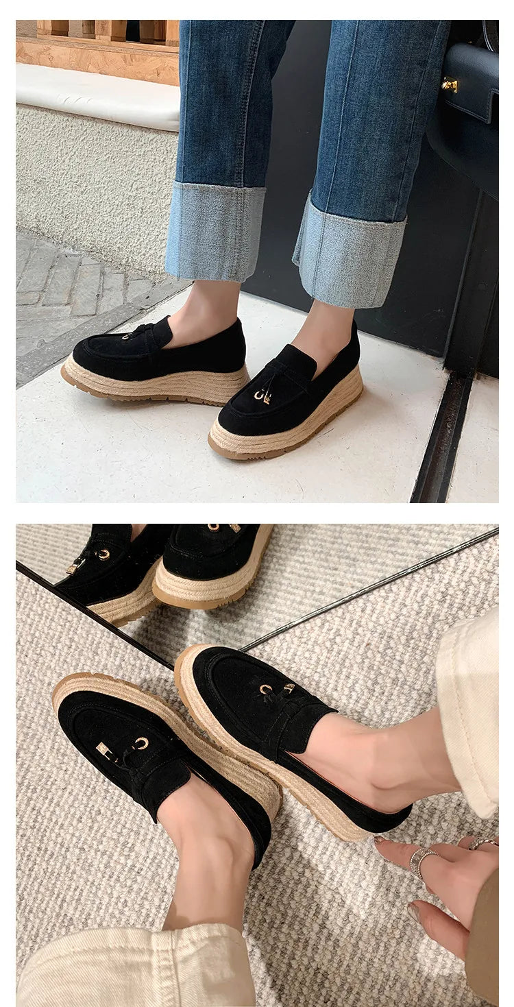 MKKHOU Fashion Loafers New High Quality Real Leather Suede Vintage Straw Braid Platform Shoes Daily Casual Light Shoes Neutral