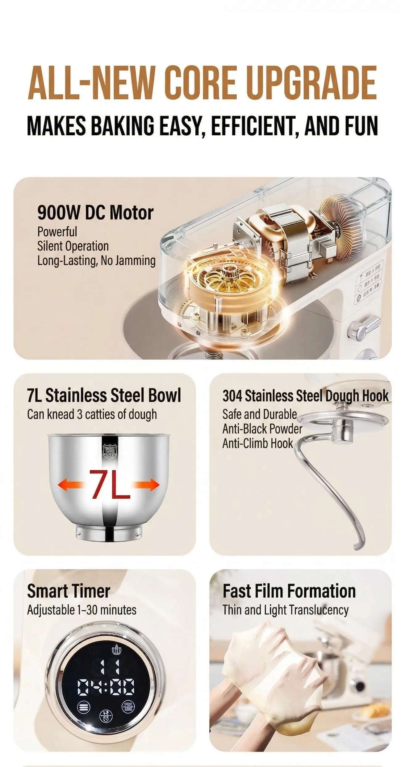 SUNATUR SM-606E 7L Stand Mixer 900W DC Quiet 11-Speed Timer, 304 Bowl Anti-Black Powder for Home & Commercial Baking